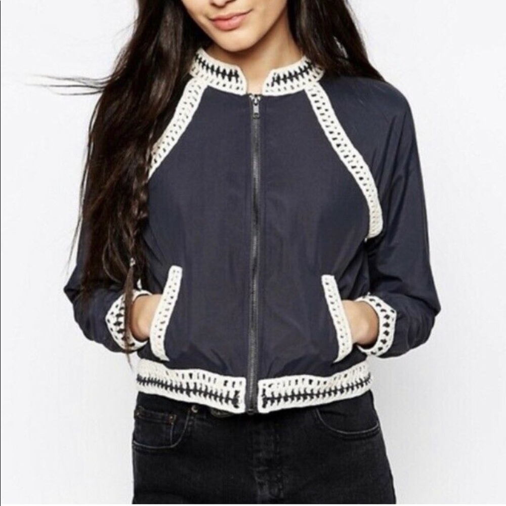 Free People Bomber Jacket with Crochet Details